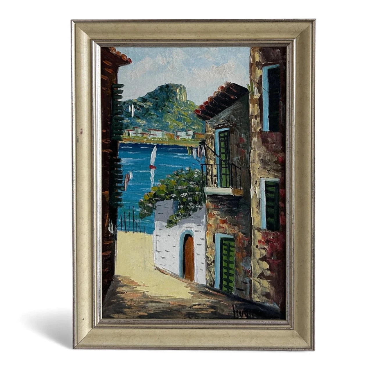 1970s Mediterranean Oil Painting – Framed Coastal Street Scene, Signed