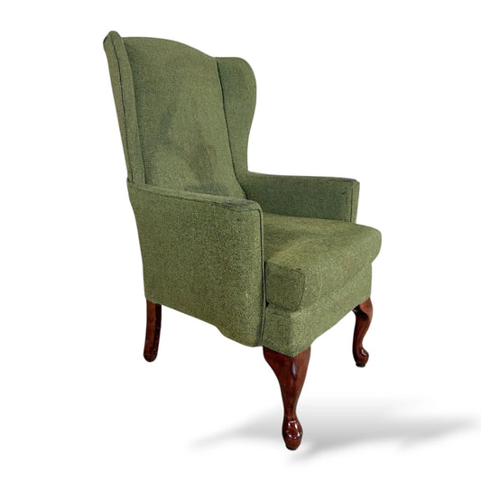 Vintage Green Upholstered Wingback Armchair with Cabriole Legs