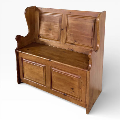 Antique Pine Monks Bench – Rustic Church Pew Style Hallway Storage Seat