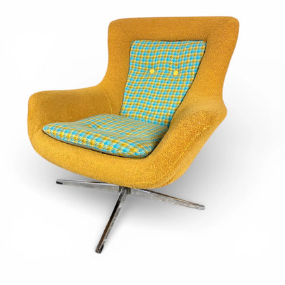 Mid-Century Swivel Chair - Mustard Fabric Lounge With Patterned Cushions & Chrome Base