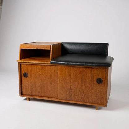 Vintage 1960s Chippy Heath Teak Telephone Table – Mid-Century Modern Hall Seat with Black Vinyl