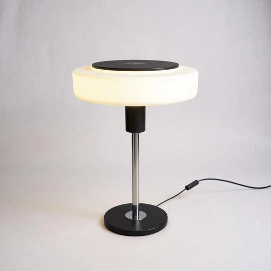 Mid Century Danish Mushroom Table Lamp | Chrome/Black Base & White Glass Shade