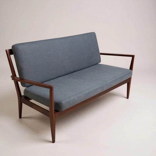 Ole Wanscher Three-Seat Sofa – Mid-Century Danish Modern Teak Frame & Blue Upholstery