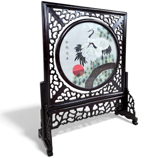 Japanese Embroidered Silk Panel – Red-Crowned Cranes in Rotating Wooden Frame
