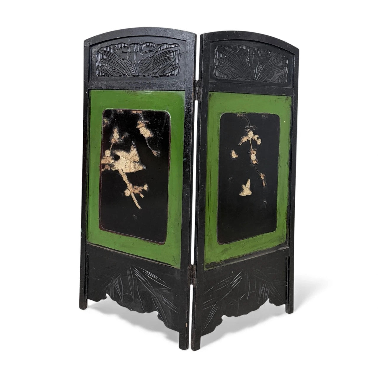 Japanese Lacquered Two-Panel Folding Screen – Hand-Carved & Painted Divider