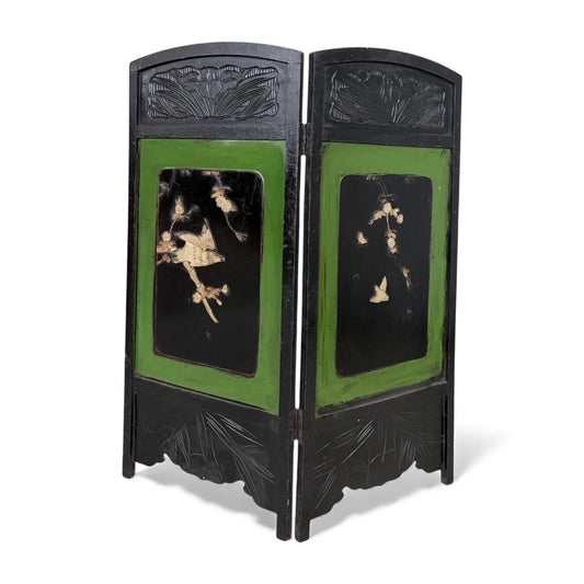 Japanese Lacquered Two-Panel Folding Screen – Hand-Carved & Painted Divider