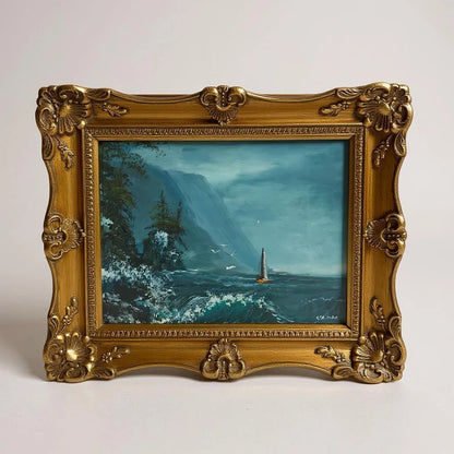 Vintage 1970s Nautical Landscape Oil Painting with a Gilt Frame