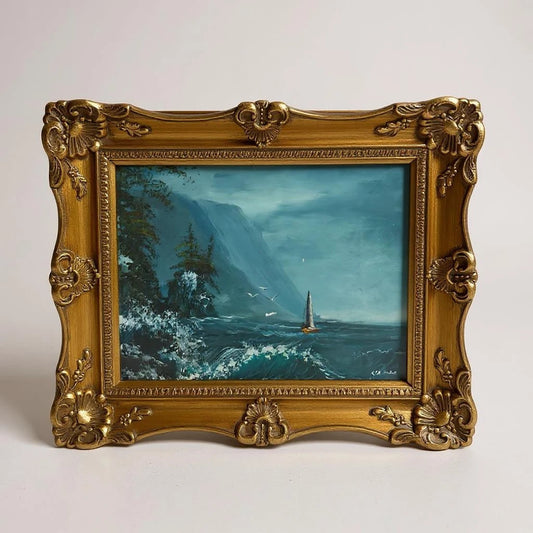 Vintage 1970s Nautical Landscape Oil Painting with a Gilt Frame