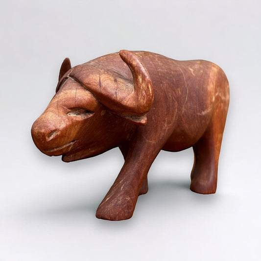 Mid Century Teak Wood Carved Buffalo Sculpture