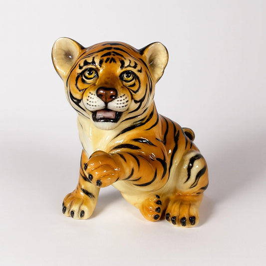 Vintage Italian Ceramic Tiger Cub Figurine – Hand-Painted Mid-Century