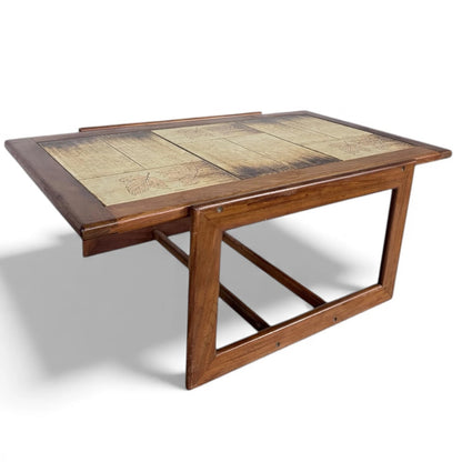 Mid-Century Teak & Tile Coffee Table – 1960s Sledge Base Design