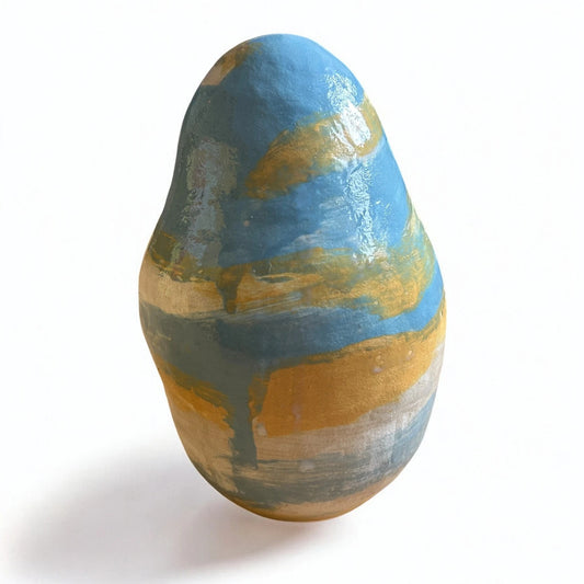 Averil Ainley Studio Pottery | Blue & Ochre Abstract Glaze | Sculptural Decor Piece