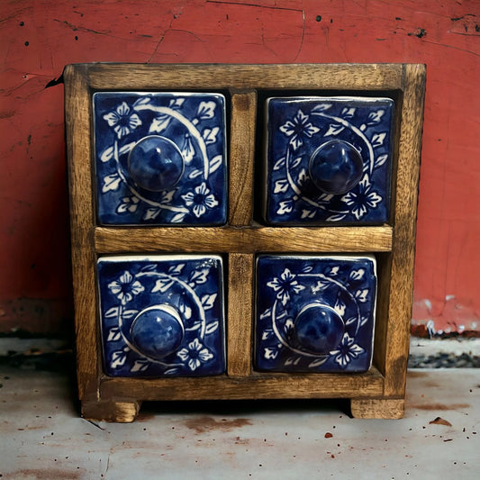 Vintage 1970s Indian Blue and White Cabinet Drawers