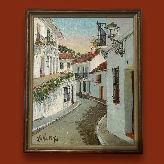 Vintage 1980s Mediterranean Village Oil Painting