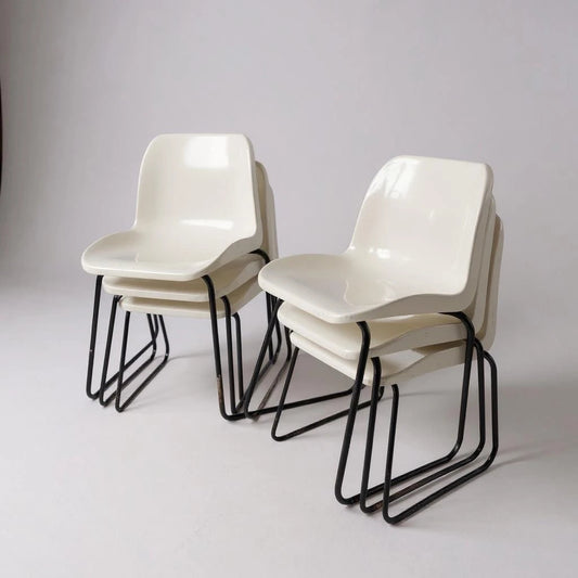 Mid Century Stackable White Plastic & Metal Chairs | Vintage Industrial Seating
