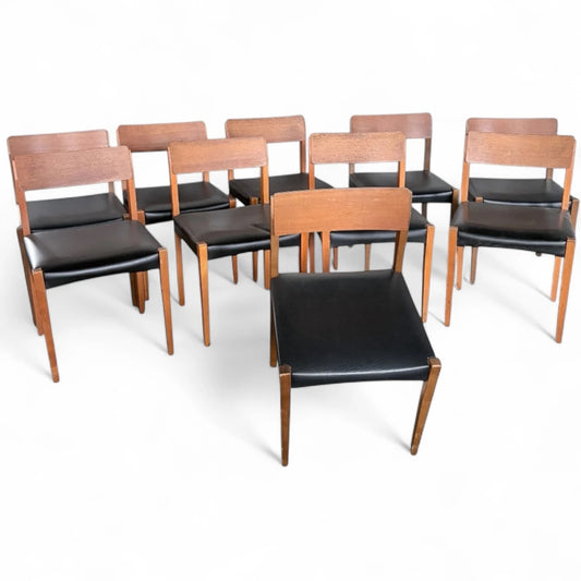 Set of Ten Teak Dining Chairs | Mid-Century Modern | Black Vinyl Seats