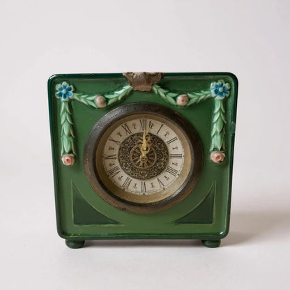Vintage West German Mantel Clock | Green Ceramic Floral Table Clock