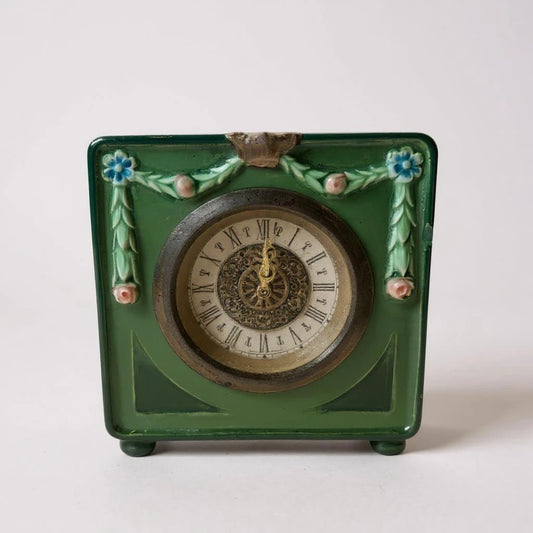 Vintage West German Mantel Clock | Green Ceramic Floral Table Clock
