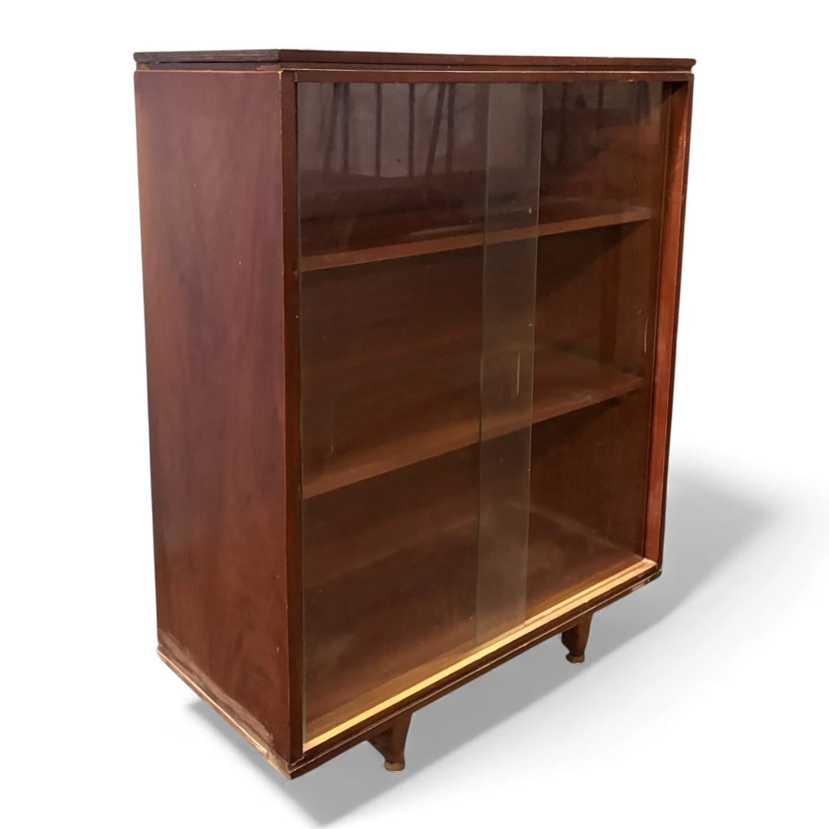 Mid Century Bookcase - Walnut Veneer Glazed Bookshelf With Sliding Doors