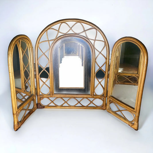 Mid century triptych bamboo mirror
