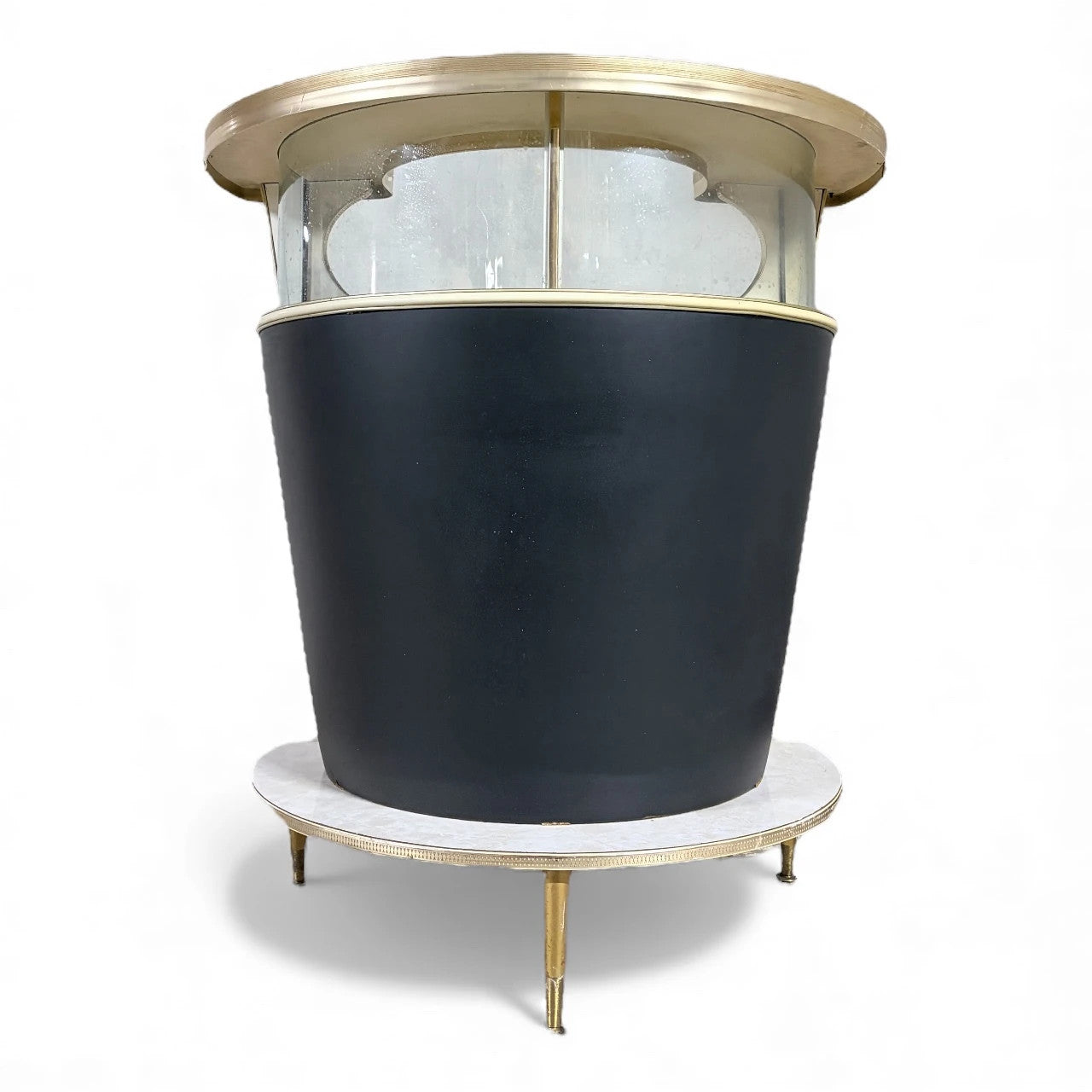Mid-Century Drinks Bar – Space Age Black Brass Bar with Glass Panels & Formica