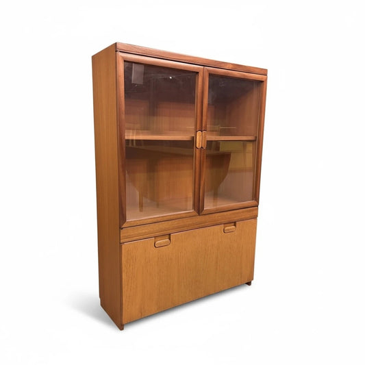 Mid Century Teak Display Cabinet | Danish Style Drinks Bureau with Glass Sliding Doors