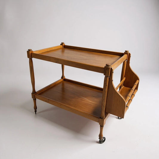 Vintage Oak Drinks Trolley with Bamboo Detail & Magazine Rack – Mid Century Bar Cart