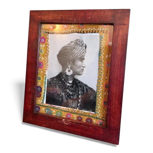 Framed Mughal Portrait with Embroidered Textile Mount – Vintage Indian Decorative Art