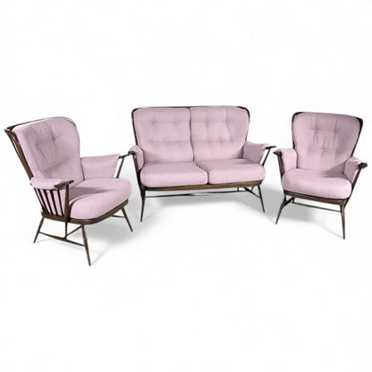 Ercol Everest Suite – Mid Century Living Room Set | Dusty Pink Sofa & Solid Beech Armchairs