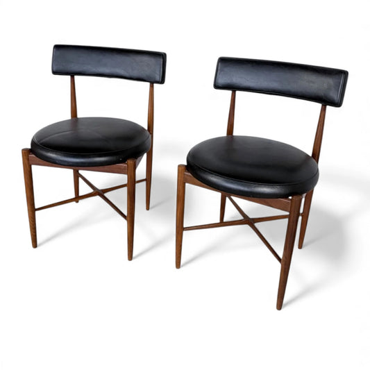Pair of G Plan Afromosia Teak Dining Chairs – Black Vinyl Seats, 1960s Mid-Century Modern