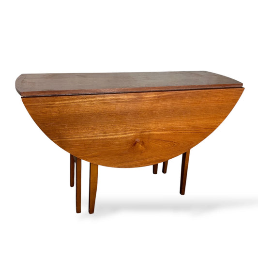 Mid Century Teak Drop Leaf Dining Table – Vintage Circular Folding Space Saving Table