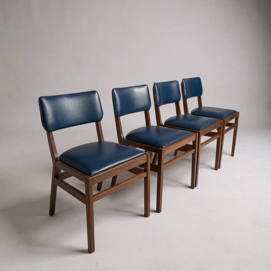 Set of 4 Vintage 1960s Ben Stoe Stacking Dining Chairs – Blue Vinyl & Teak Frame