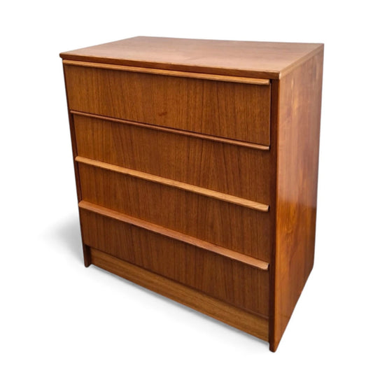 Mid-Century Teak Chest | Vintage Four Drawer Dresser With Solid Wood Handles