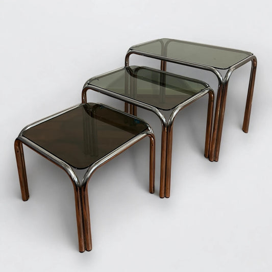 Mid Century Smoked Glass and Chrome Nest of Tables