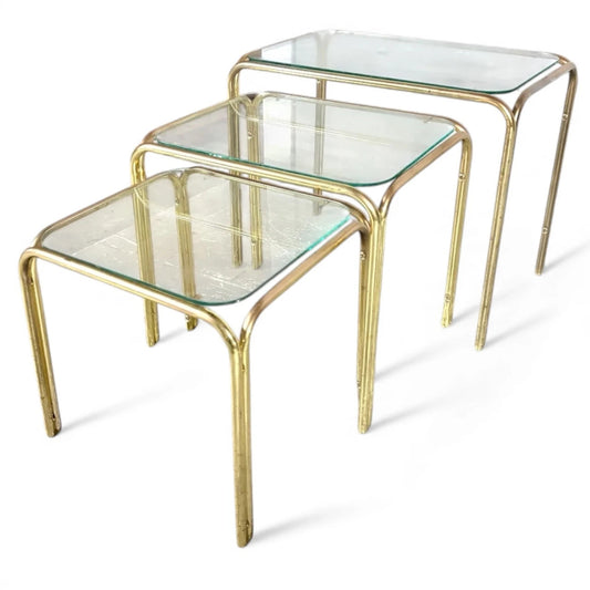 Vintage Brass and Glass Nest of Tables – 1970s Hollywood Regency Style