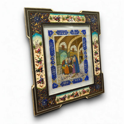 Vintage 1950s Persian Khatam Mosaic Watercolour Painting