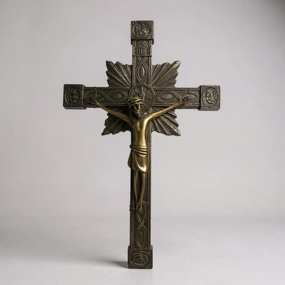 Vintage 1950s French Brass Crucifix | Art Deco Jesus Christ Wall Cross