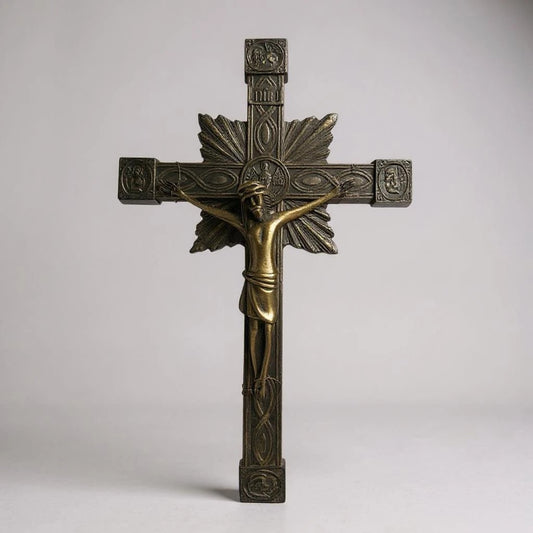 Vintage 1950s French Brass Crucifix | Art Deco Jesus Christ Wall Cross