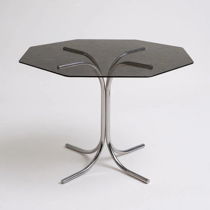 Mid Century Modern Hexagonal Dining Table | Smoked Glass & Chrome Base