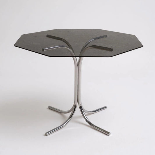 Mid Century Modern Hexagonal Dining Table | Smoked Glass & Chrome Base