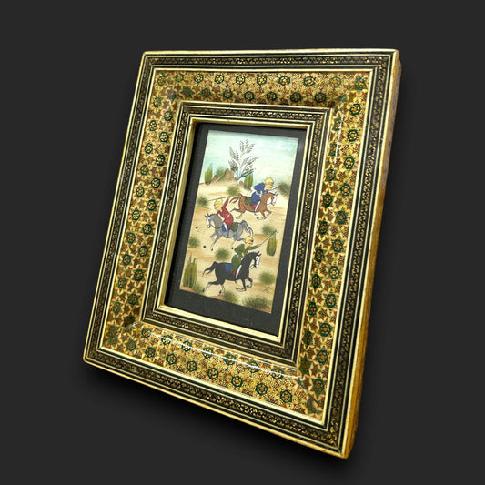 Vintage 1960s Persian Khatam Mosaic Framed Miniature Painting
