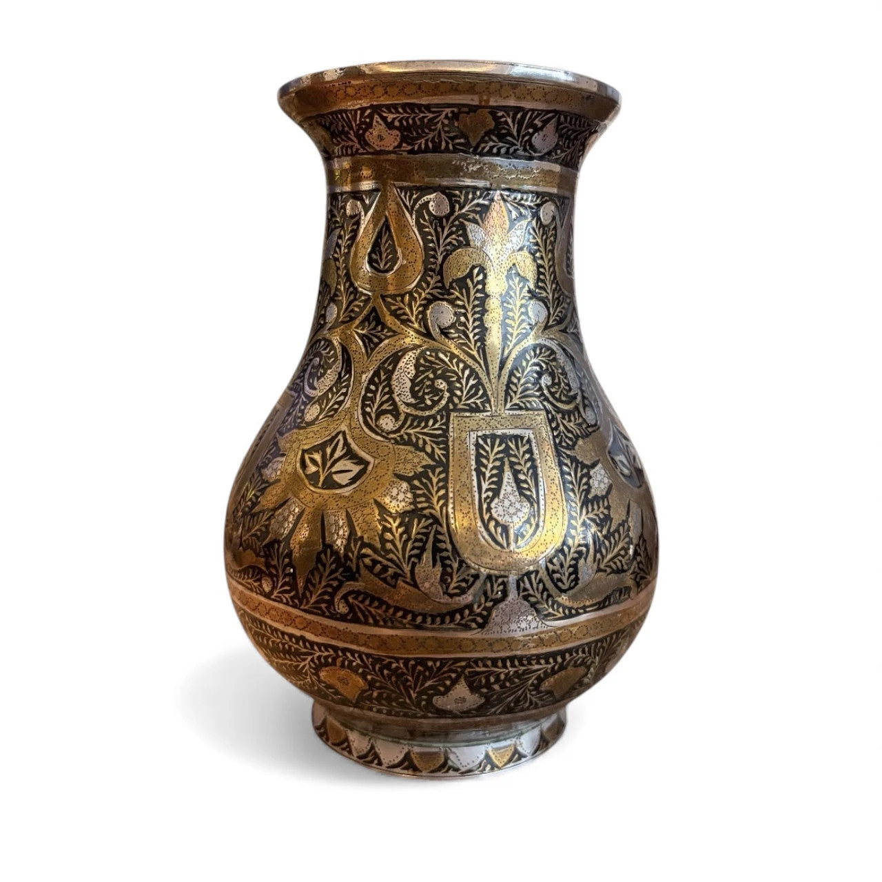 Vintage Brass and Silver Inlaid Vase – Hand-Etched Kashmiri Indian Bidri-Style Metalwork Vessel