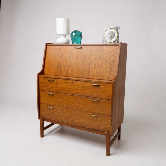Mid-Century Danish Teak Bureau with Brass Handles – Compact Writing Desk & Storage