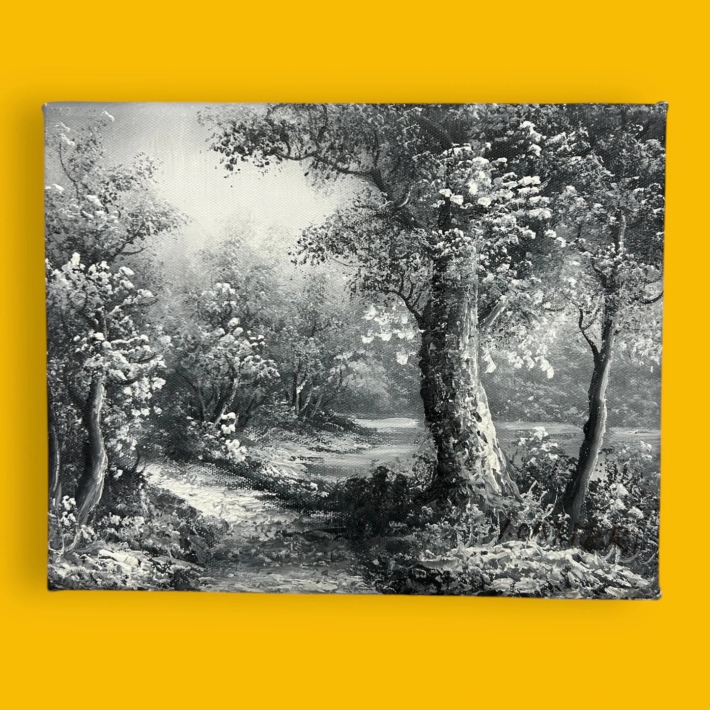 Mid Century Black and White Nature Oil Painting