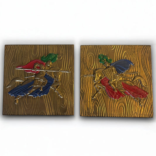 Vintage 1950s Brass Medieval Knights Pair of Plaques