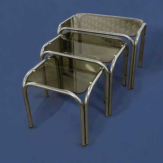 Mid Century Smoked Glass and Chrome Nest of Tables