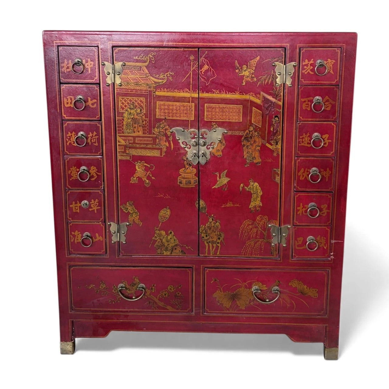Antique Apothecary Cabinet – Red Lacquer Chinoiserie Storage Unit with Brass Hardware