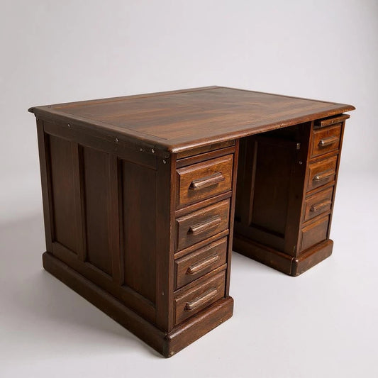 1930s Oak Double Pedestal Banker’s Desk – Vintage Solid Wood Writing Desk