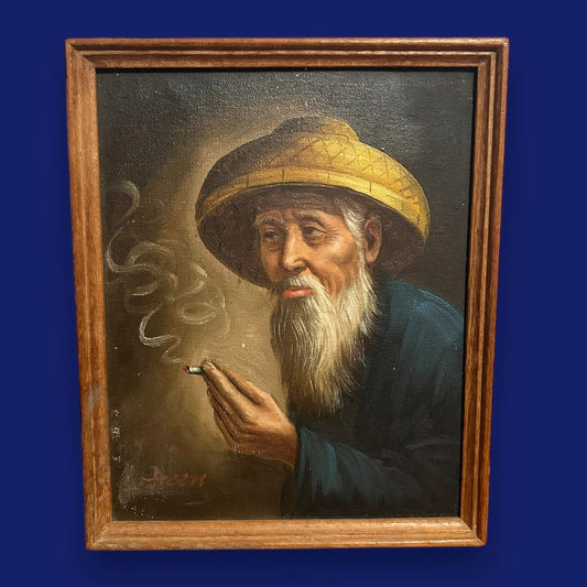 Vintage 1970s Old Man Chinese Oil Painting