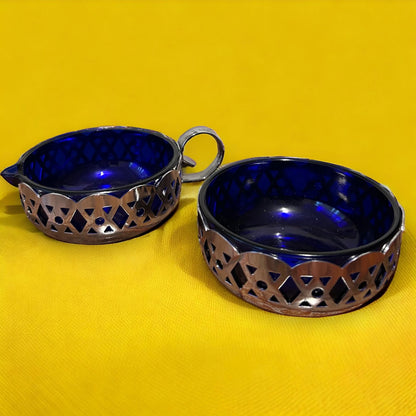 Vintage 1950s Chrome and Blue Glass Bowls